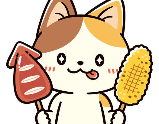 イカ焼きと焼きとうもろこしを持つ猫