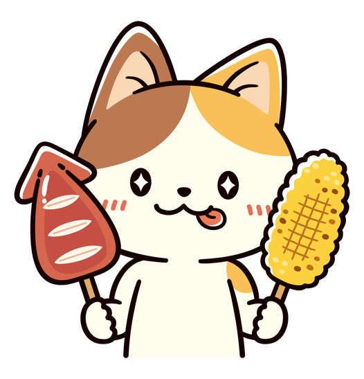 イカ焼きと焼きとうもろこしを持つ猫