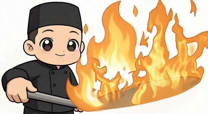 炎が上がるフライパンで調理する料理人