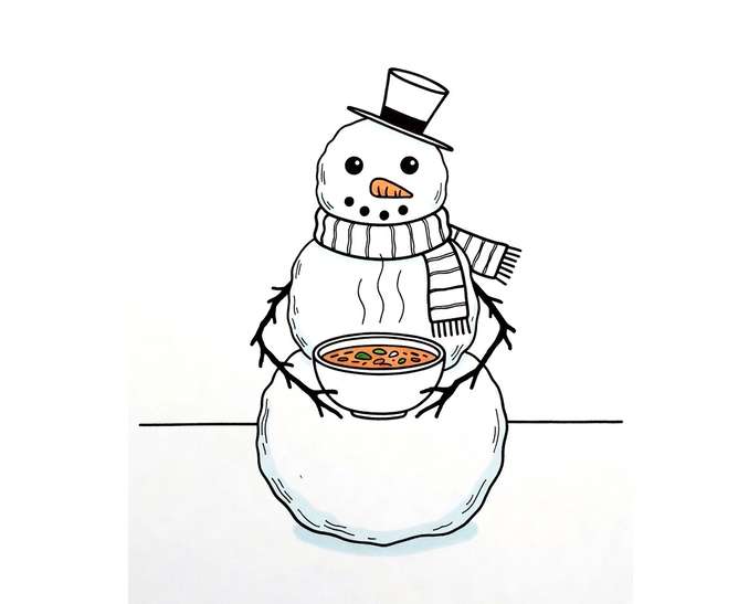 温かいスープを持つ雪だるま