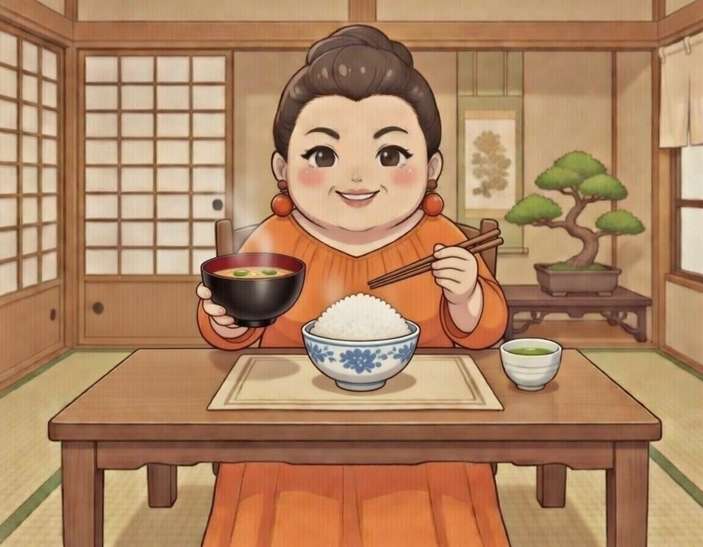 お味噌汁を食べる女性