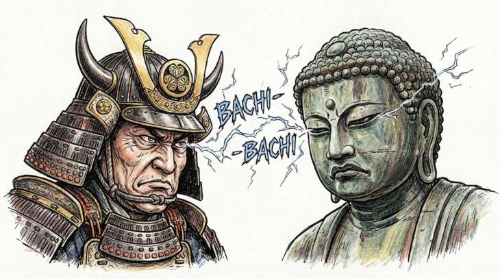 睨み合ってる徳川家康と鎌倉の大仏