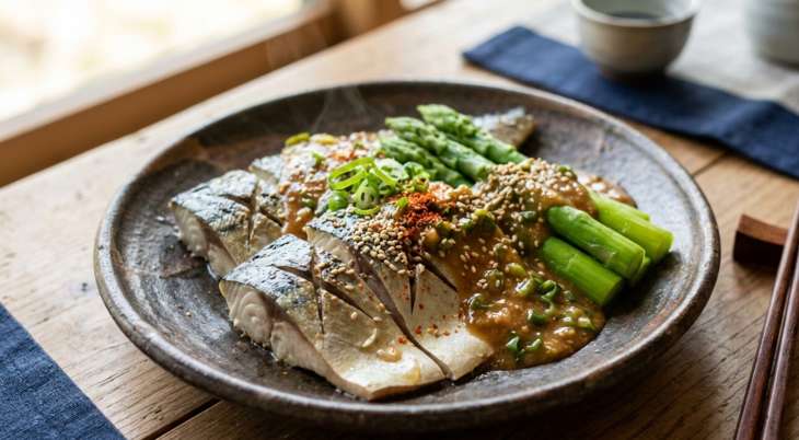 ゆで塩サバのみそ薬味がけ