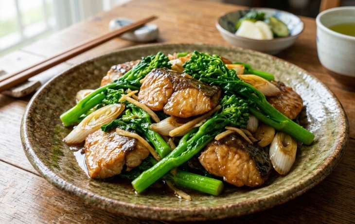 サワラと菜の花の炒め物