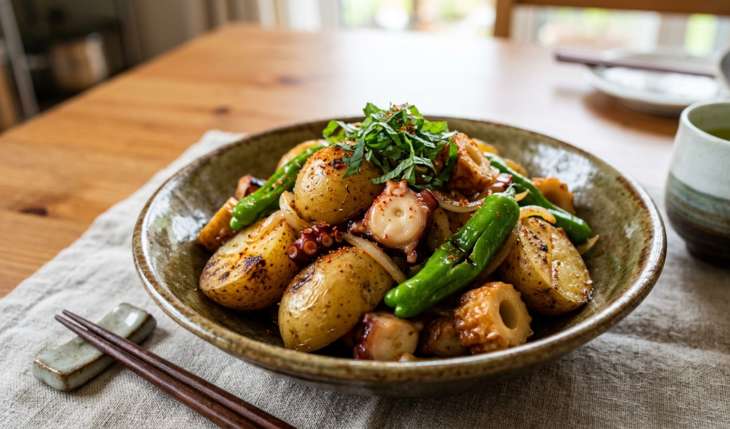 たこと新じゃがのアヒージョ炒め