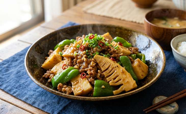 たけのことピーマンの肉味噌炒め