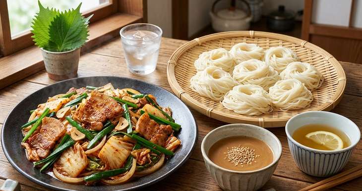豚キムチ＆２種のたれdeそうめん